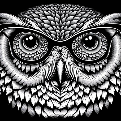 Create an image of a wise old owl wearing glasses that appear to be constantly shifting and morphing into intricate optical illusions.