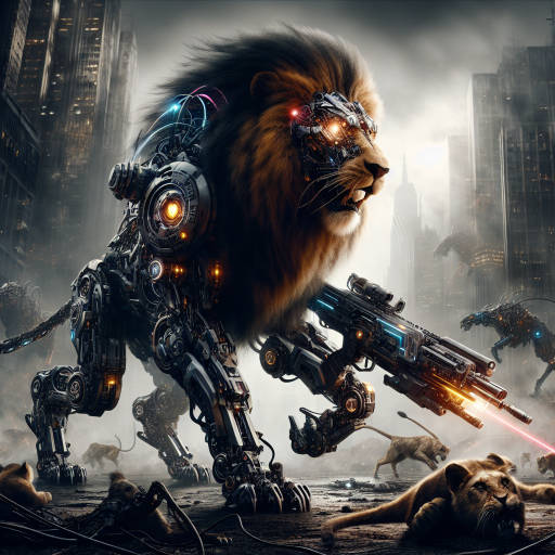 A cybernetic lion, fitted with advanced armor and equipped with laser cannons, prowls through a post-apocalyptic cityscape, defending the remaining survivors from a horde of mechanical monsters.