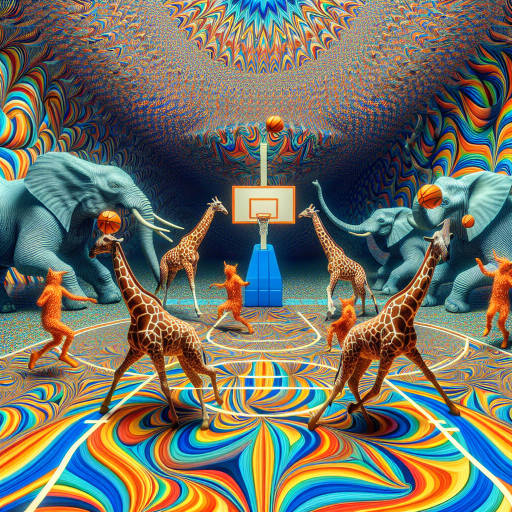 Imagine a world where animals play competitive sports while creating optical illusions that deceive the eyes of spectators. Create an image depicting a basketball game between a team of giraffes and a team of elephants, with the court filled with swirling patterns and colors that make it hard to see the true movement of the ball.