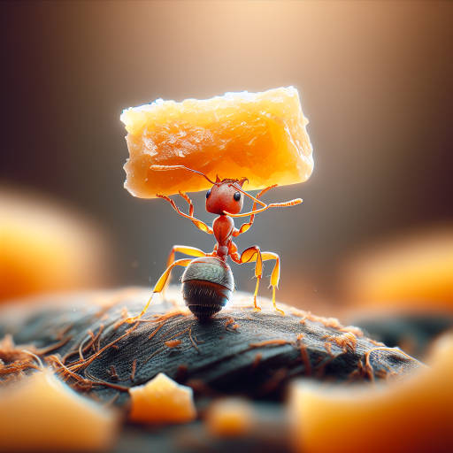 Imagine capturing a close-up shot of a tiny ant carrying a large piece of food, showcasing the heroic strength and determination of these tiny creatures in the animal world through macro photography.