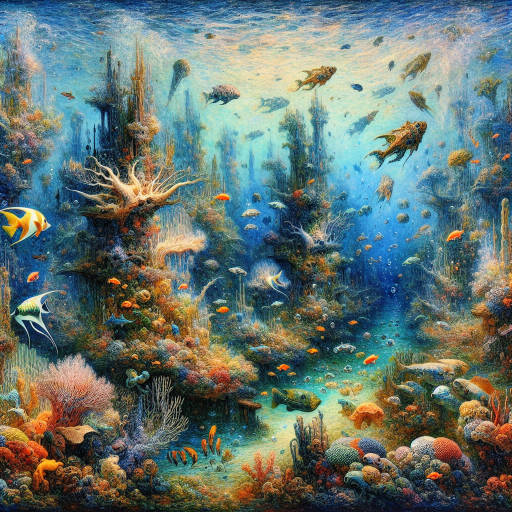 Create an image of a vibrant underwater world filled with magical creatures and fantastical wildlife, painted with bold, colorful strokes that capture the beauty and mystery of the deep sea.