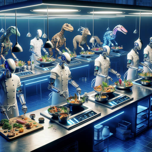 Technics: Create an image of a futuristic kitchen where robotic wildlife chefs are preparing a feast of exotic and colorful dishes using advanced cooking techniques.