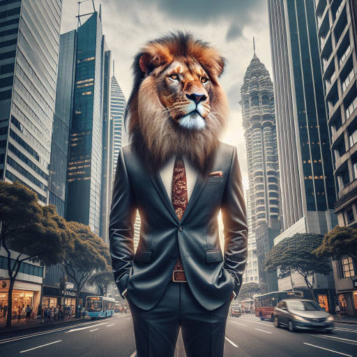 Imagine a majestic lion wearing a suit and tie, standing confidently in a bustling city street surrounded by skyscrapers. How does this unexpected combination of wildlife and business elements create a powerful and visually striking image? Let your imagination run wild as you bring this unique concept to life through your artwork.