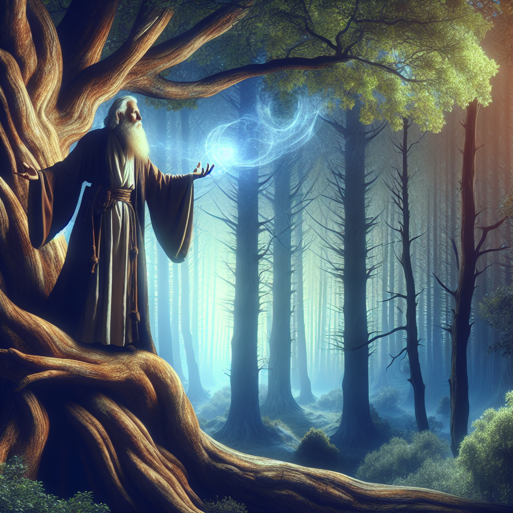 Create an image of a wise wizard standing proudly atop a majestic tree in the heart of a mystical forest, casting a spell to protect the enchanted creatures dwelling within as the hero of the natural world.