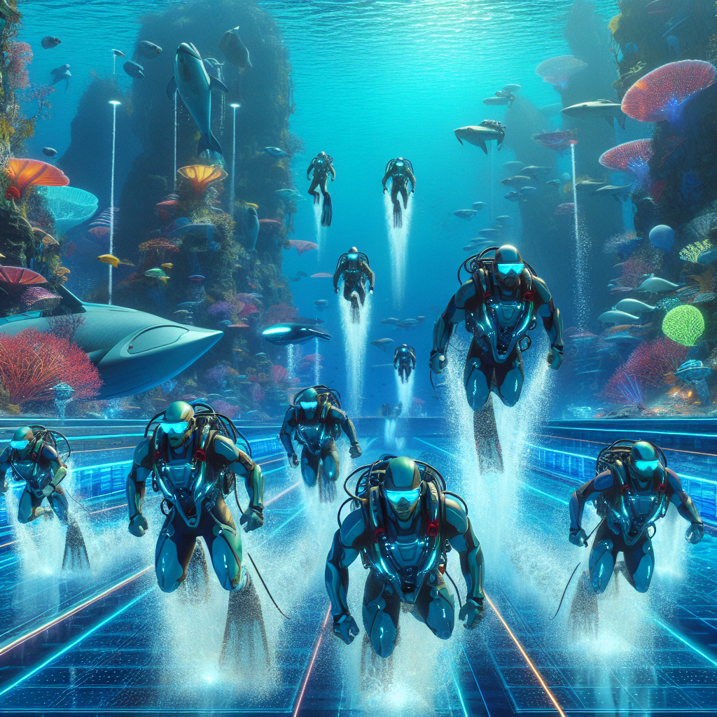 Create an image of a group of futuristic scuba divers competing in an underwater holographic sports arena, surrounded by breathtaking underwater wonders like glowing coral reefs and giant sea creatures. The divers are equipped with advanced technology like underwater jetpacks and holographic visors, as they race against each other in a thrilling underwater obstacle course.