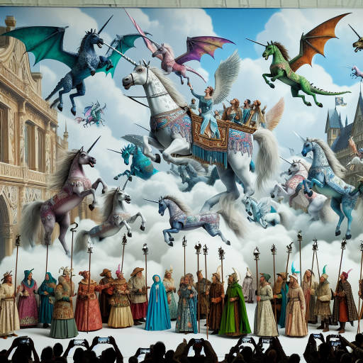 Imagine a scene where a group of mythical creatures, such as unicorns and dragons, are soaring through the sky while being captured by a drone camera during a historical reenactment event. The creatures are participating in a majestic parade, wearing elaborate costumes and carrying banners depicting scenes from ancient mythology. The drone captures the excitement and wonder of this unique moment, blending fantasy and reality in a visually stunning image.