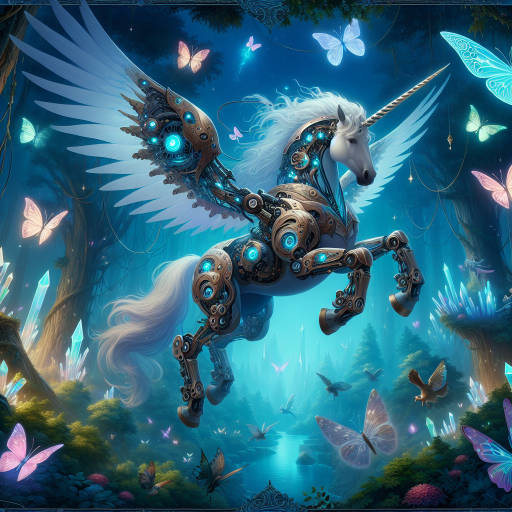 A majestic unicorn with mechanical wings soaring through a mystical forest filled with glowing butterflies and talking animals, all surrounded by floating crystals that emit a soft, soothing hum.