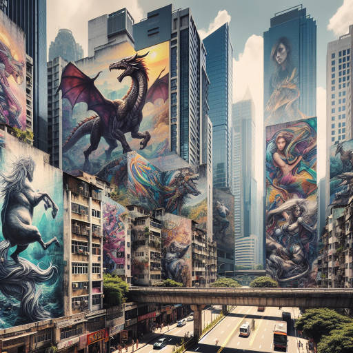 Imagine a vibrant cityscape filled with towering skyscrapers, bustling streets, and colorful murals of mythological creatures and fantastical beings. Picture a world where dragons soar through the sky, mermaids swim in the rivers, and centaurs roam the urban jungle. Create an image that blends the raw energy of street art with the rich tapestry of fantasy and mythology, bringing to life a world where the ordinary and the extraordinary collide in a dazzling display of creativity.