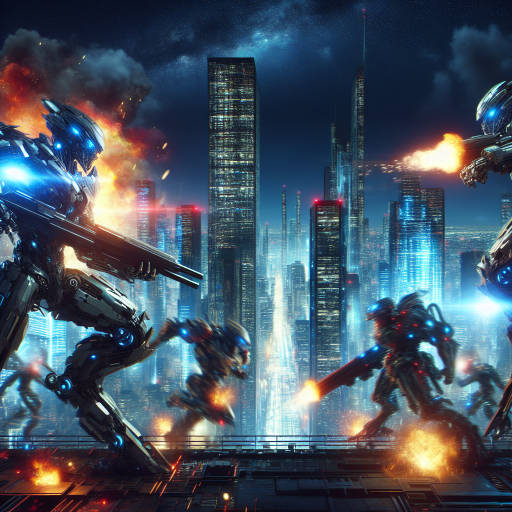 An epic battle between futuristic robot soldiers in a high-tech cityscape, with towering skyscrapers and glowing neon lights reflecting off their sleek, metallic armor as explosions light up the night sky.