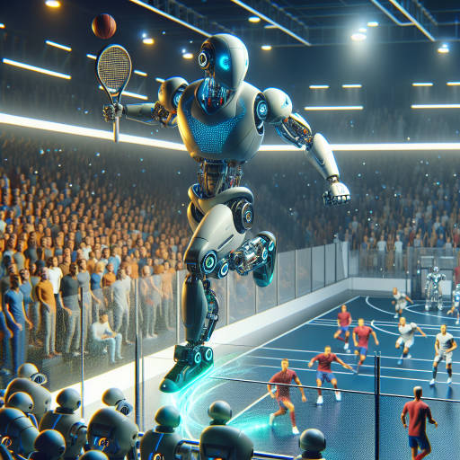 Create an image of a futuristic robot athlete competing in a high-tech sports competition, showcasing advanced technics and precision in its movements.