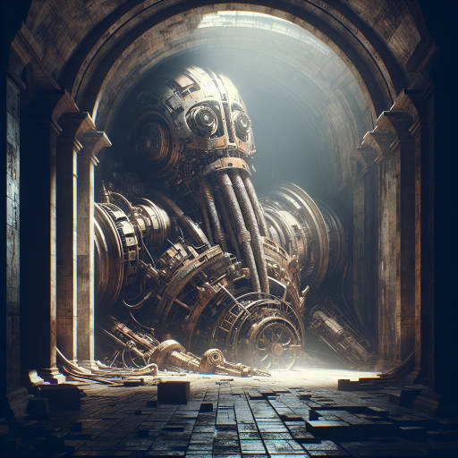 Create an image of a rusty, ancient robot emerging from a long-forgotten chamber in an underground city, its mechanical limbs creaking and whirring as it awakens for the first time in centuries.