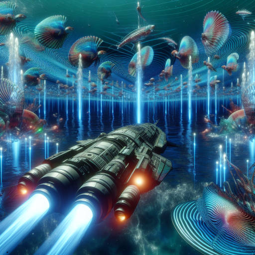 Imagine a futuristic spaceship exploring the depths of an alien ocean, surrounded by colorful underwater creatures that create optical illusions with their mesmerizing patterns and shapes.