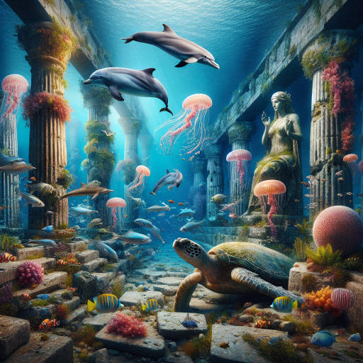 Imagine a mysterious underwater world where ancient ruins of a long-forgotten civilization are now home to a diverse array of wildlife. Dolphins swim gracefully through crumbling columns, while schools of colorful fish dart around overgrown statues. A massive sea turtle lazily glides past a giant jellyfish, creating a scene of both beauty and wonder in this old, underwater wonderland. Create an image that captures the magic and enchantment of this unique and fantastical world.