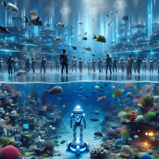 Imagine a robot exploring an underwater city teeming with colorful marine life. Amongst the bustling underwater world, the robot encounters a group of people who have adapted to live in harmony with their aquatic surroundings. The scene is a beautiful fusion of technology, nature, and human ingenuity. Create an image that captures the wonder and excitement of this unique meeting of worlds.