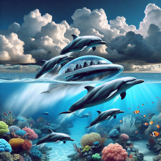 Imagine a pod of dolphins gracefully swimming through the sky, their sleek bodies soaring through the fluffy clouds as they navigate through an underwater world filled with colorful coral reefs and exotic sea creatures. In the distance, a futuristic underwater transport vehicle glides effortlessly through the crystal-clear waters, blending seamlessly into this magical and surreal scene. Capture this unique and imaginative combination of wildlife, underwater wonders, and transport in a stunning and awe-inspiring image.