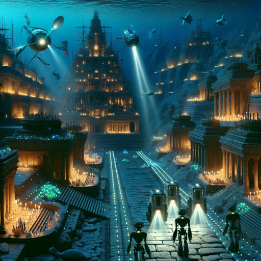 Imagine an ancient underwater city filled with advanced technology and scientific marvels, where ancient ruins are illuminated by glowing bioluminescent sea creatures and robots roam the streets exploring the depths of the ocean.