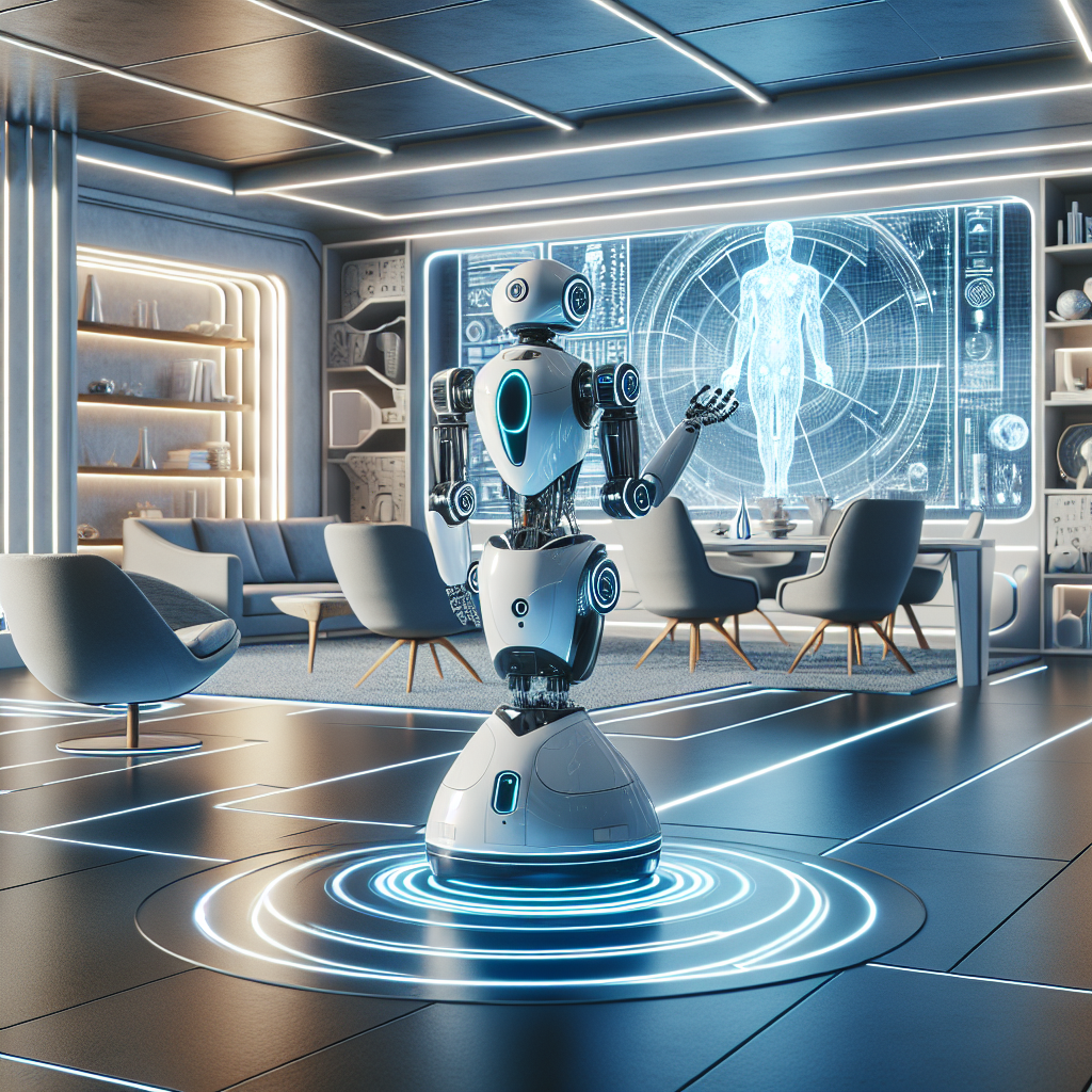 Create an image of a futuristic robot designed to assist with household tasks in a space-age living room filled with advanced technological gadgets and sleek, modern furniture. The robot is carefully examining a complex scientific diagram projected on the wall, showcasing its advanced artificial intelligence capabilities integrated seamlessly with cutting-edge interior design.