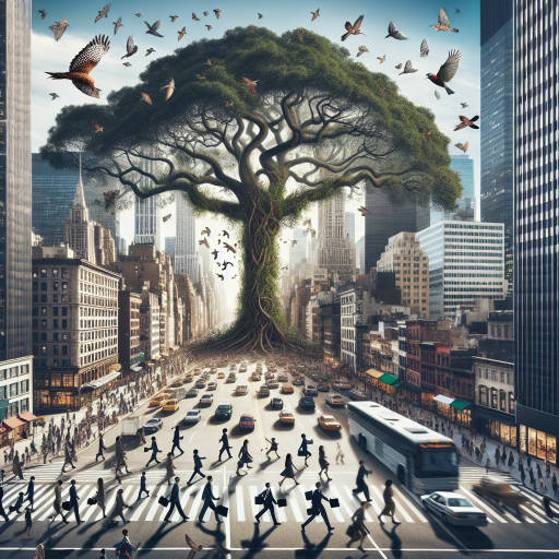 Imagine a towering tree in the center of a bustling city, its branches stretching out to create a majestic canopy over bustling streets filled with suited businesspeople rushing to their next meeting. Birds chirp overhead, their songs blending with the sounds of honking horns and ringing phones. The contrast between the natural beauty of the tree and the urban chaos surrounding it creates a truly epic scene that captures the harmony and chaos of nature intertwined with business.