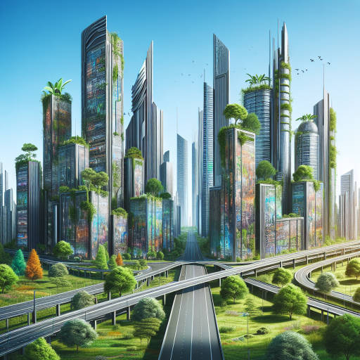 Create an image of a futuristic cityscape where nature and technology seamlessly intertwine, with vibrant street art murals covering the towering skyscrapers and lush greenery interwoven into the sleek, metallic infrastructure.