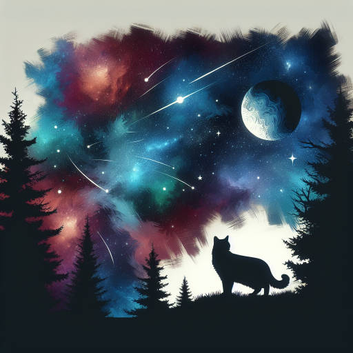 Create an image of a majestic sky filled with swirling galaxies and shooting stars, with towering trees forming the silhouette of a prowling cat against the moon.