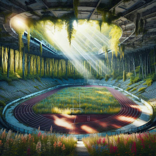 Create an image of an ancient, abandoned sports stadium nestled in the heart of a lush, overgrown forest, with the remnants of a forgotten game being reclaimed by nature.