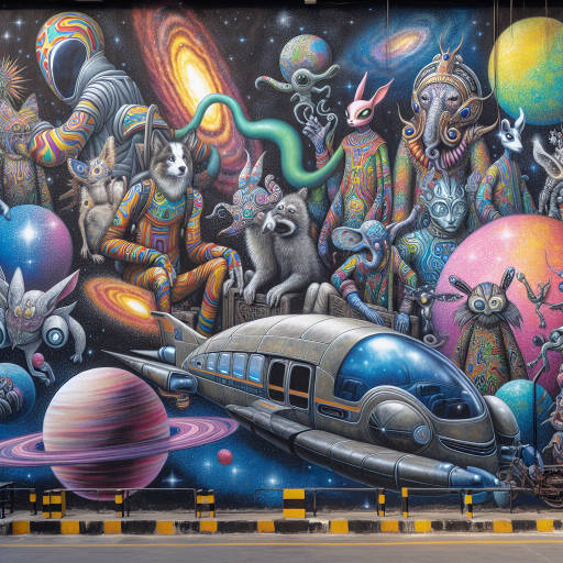 Create an image of a colorful and intricate mural on a city street depicting animals from different galaxies embarking on a space exploration mission to discover new worlds and civilizations.