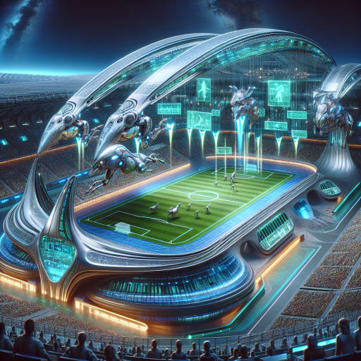 Create an image of a futuristic sports stadium where animals compete in high-tech races using cutting-edge technology and scientific advancements.