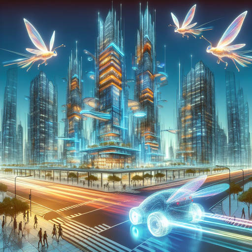 Imagine a bustling cityscape where towering skyscrapers are inhabited by whimsical animals with wings and tails, zooming through the streets on fantastical vehicles made of crystal and neon lights.