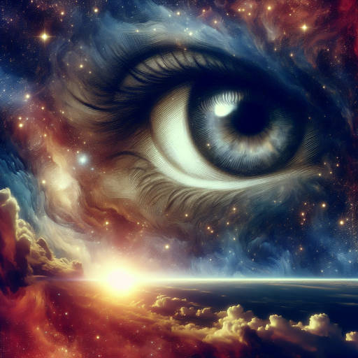 Create an image of an ancient, wise eye embedded in the sky, gazing down at the world below with ancient knowledge and cosmic understanding.