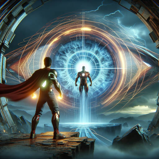 Imagine an eye as the centerpiece of a futuristic virtual reality game, where the player embodies a heroic character with superhuman abilities. The eye serves as the portal through which the player enters this immersive world, and it is the key to unlocking the hero's potential and saving the virtual realm from impending doom. Create an image that captures the intensity and excitement of this epic adventure, showcasing the merging of technology, fantasy, and heroism in a visually stunning and captivating scene.