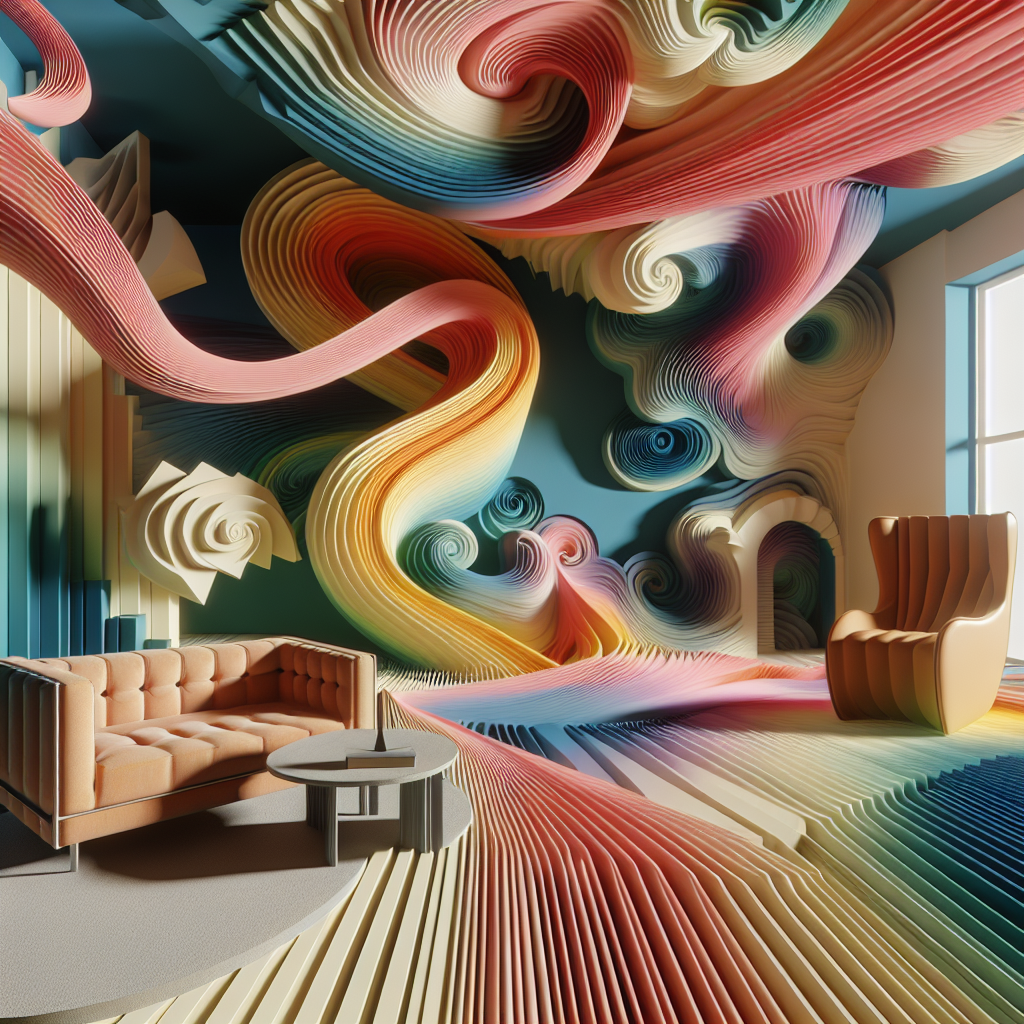 Create an image of a dreamlike room filled with swirling colors and shapes, where the furniture appears to be melting into the floor and the walls are covered in floating geometric patterns. Let your imagination run wild as you combine elements of abstract art, interior design, and surrealism to create a truly unique and imaginative scene.