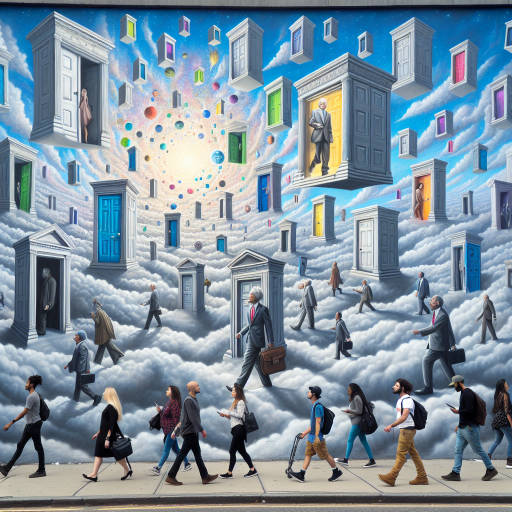 Create an image of a larger-than-life street mural depicting a whimsical and surreal scene where the sky is filled with floating doorways leading to alternate universes, as pedestrians pass below completely unaware of the magical portal above them.