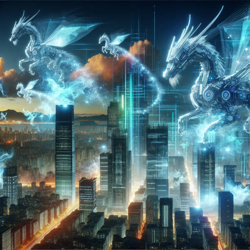 Create an image of a futuristic cityscape where gigantic mechanical dragons soar through the neon-lit sky, breathing streams of virtual reality code onto the gleaming skyscrapers below, while ethereal holographic beings dance among the clouds, merging the boundaries between technology, epic adventure, and surreal art.