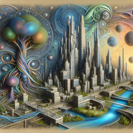 "Create a surreal interpretation of a futuristic cityscape where technology and nature intertwine in unexpected ways. Include intricate mechanical elements blending seamlessly with organic forms, showcasing advanced technics and vibrant colors."