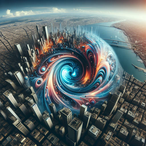 Combine the futuristic technology of drone photography with mind-bending optical illusions to create a surreal art piece that challenges the viewer's perception of reality. Capture an aerial view of a cityscape where buildings appear to be melting into a colorful vortex, blending the boundaries between the physical world and the abstract. The result should be a visually stunning and thought-provoking image that transports the viewer to a parallel universe where anything is possible.