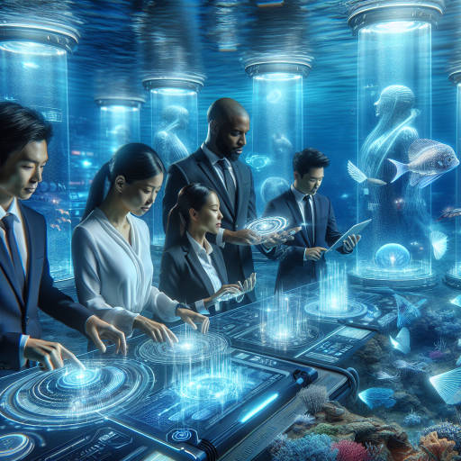 "In a futuristic underwater city, a team of business professionals use advanced technology to conduct research on bioluminescent sea creatures, combining science, underwater wonders, and business innovation in an otherworldly setting."