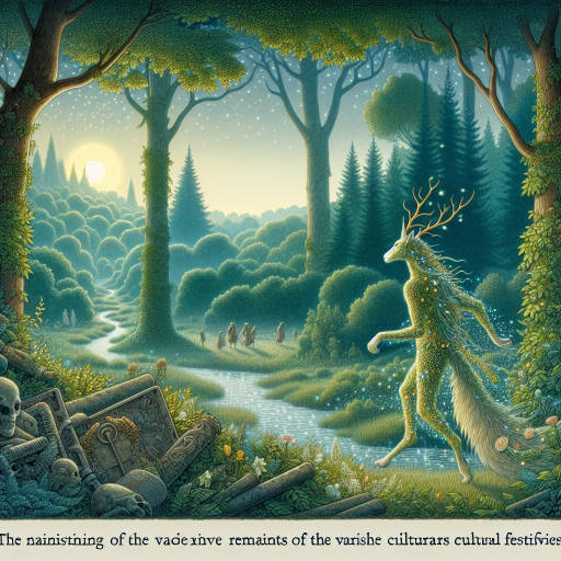 Create an image of an ancient mythical creature, inspired by the traditions of a cultural festival, roaming through a mystical forest filled with ruins of lost civilizations.