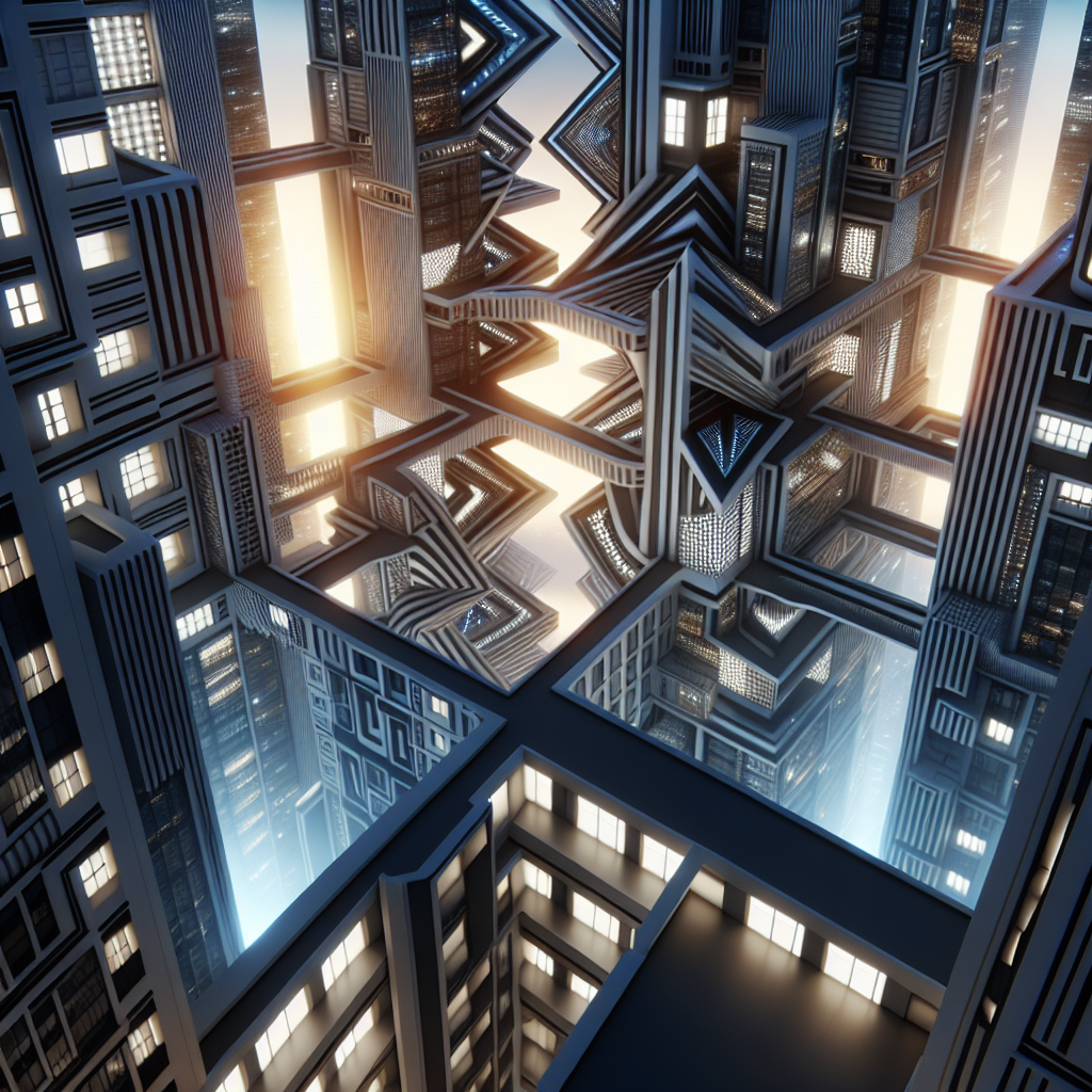 Create an image of a futuristic cityscape where optical illusions are integrated into the interior design of buildings, creating a mind-bending and visually captivating landscape.