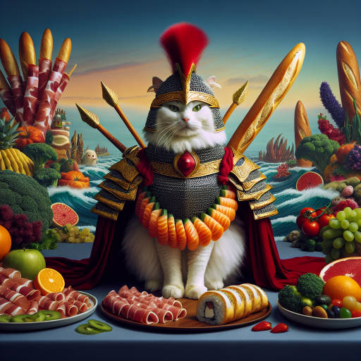 Create an epic image of a majestic cat warrior donning armor made of gourmet food items, ready to battle in a fantastical world where food is power.