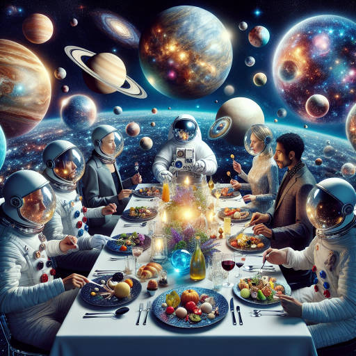 Create an image of a celestial feast, where planets and stars serve as plates and bowls, filled with delicious galaxies and cosmic treats. Imagine a banquet in outer space where astronauts and aliens come together to indulge in the wonders of the universe.