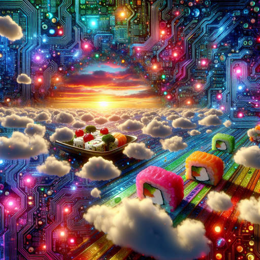 Combine the vibrant colors of a rainbow with the intricate patterns of circuit boards, overlayed with floating sushi rolls and fluffy clouds against a sunset sky. Create a whimsical and futuristic image that blends elements of food, sky, and technics in a unique and imaginative way.