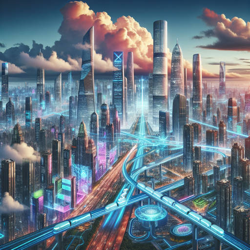 Create a futuristic cityscape painting where advanced technics and machinery are seamlessly integrated into the urban environment, transforming the city into a technologically advanced metropolis of the future.