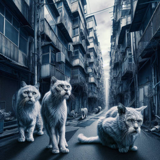 Imagine a cityscape filled with ancient, crumbling buildings, where a group of wise, elderly cats roam the streets, their fur silvered with age. They navigate the labyrinthine alleyways with grace and dignity, their eyes filled with the wisdom of centuries past. Capture the surreal beauty of this fantastical scene in an image that merges the old with the new, the urban with the feline.