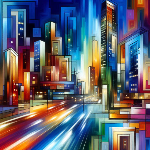 Create a stunning abstract painting inspired by the bustling energy of a futuristic cityscape, blending bold colors and geometric shapes to portray the dynamic movement and modern architecture of the urban environment.