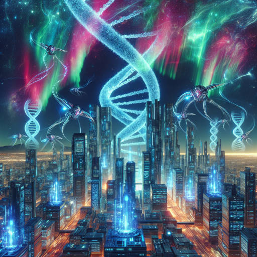 Create an image of a futuristic cityscape where giant, glowing DNA strands intertwine with skyscrapers, and robotic birds soar overhead, all illuminated by a neon-colored aurora borealis.