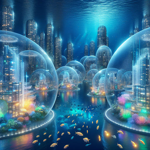 Create an image of a futuristic underwater city filled with vibrant, glowing art installations that harness innovative technology to sustain the ecosystem and provide a breathtaking display of aquatic wonders.