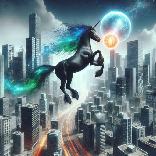 In a bustling cityscape filled with towering skyscrapers, a mythical centaur gracefully gallops through the streets, her flowing mane and tail illuminated with shimmering rainbow colors. Passersby stop in awe as she carries a glowing orb of pure energy in one hand, spreading magic and wonder wherever she goes.