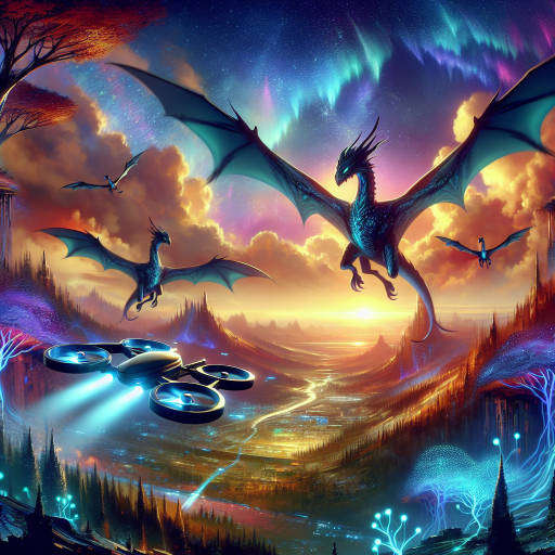 In a mystical land where ancient dragons soar through the skies, a group of futuristic drones equipped with advanced technology embark on a quest to unlock the secrets of an enchanted forest. Capture the awe-inspiring scene of these mythical creatures and cutting-edge machines coexisting in harmony, blending the realms of fantasy and technology in a captivating image.