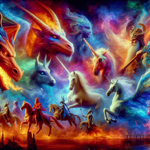 Create an image of a fantastical scene where mythical creatures from different cultures, such as dragons, unicorns, and sphinxes, engage in a historical reenactment of a legendary battle, painted in vibrant, otherworldly colors.