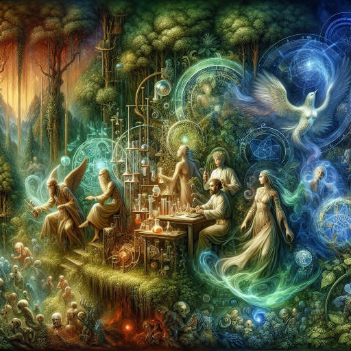 In a lush, mystical forest, a group of ancient beings known as the "Elemental Alchemists" harness the power of the natural world to conduct groundbreaking scientific experiments, blending the realms of nature, science, fantasy, and mythology. Create an image that captures the awe-inspiring fusion of magic and technology as these enigmatic figures work together to unlock the secrets of the universe.